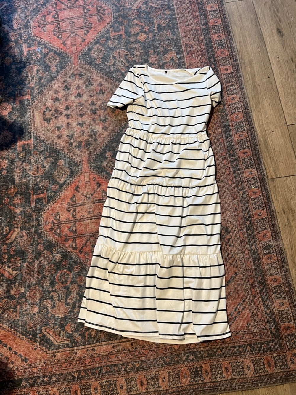 Striped Short-Sleeve Midi Dress in White and Black